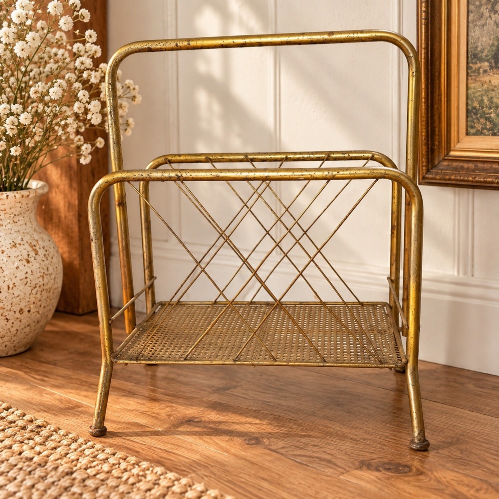 Vintage Gold Metal Magazine Rack Mid Century Modern Mesh Wire Record Holder